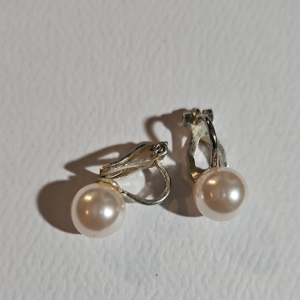 Elegant Silver Pearl Bead Clip On Earrings